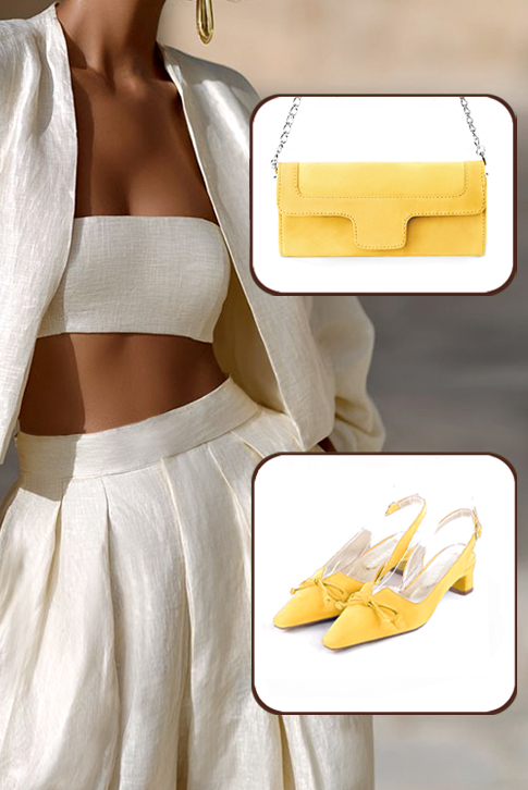 Dress slingback bow heels in yellow leather with kitten heels and tapered toe - Top view
